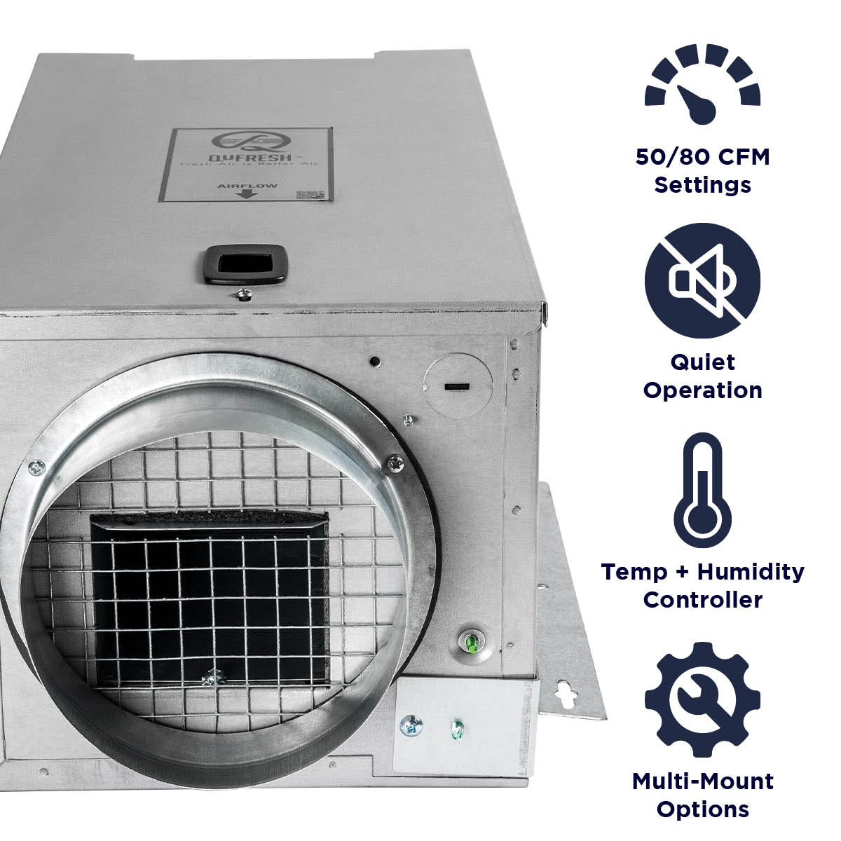 QuFresh 50/80 CFM MQF Wall/Ceiling Mount Fresh Air Supply Fan with Temperature and Humidity Controls