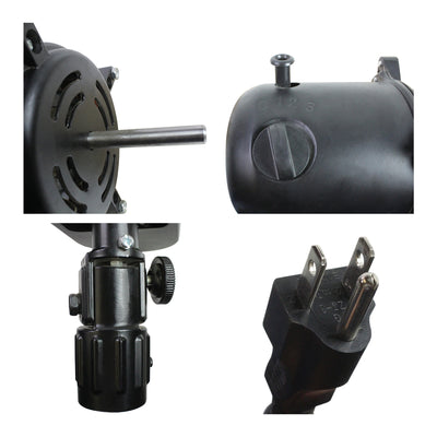 Detailed close up of motor shaft, rotary switch, tilt adjustment knob, and plug.