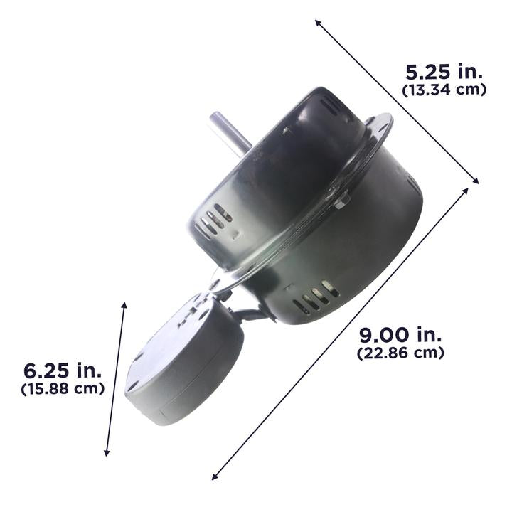 The motor and speed switch assembly measure 6.25 in. (15.88 cm) wide, 5.25 in. (13.34 cm) deep, and 9 in. (22.86 cm) high.