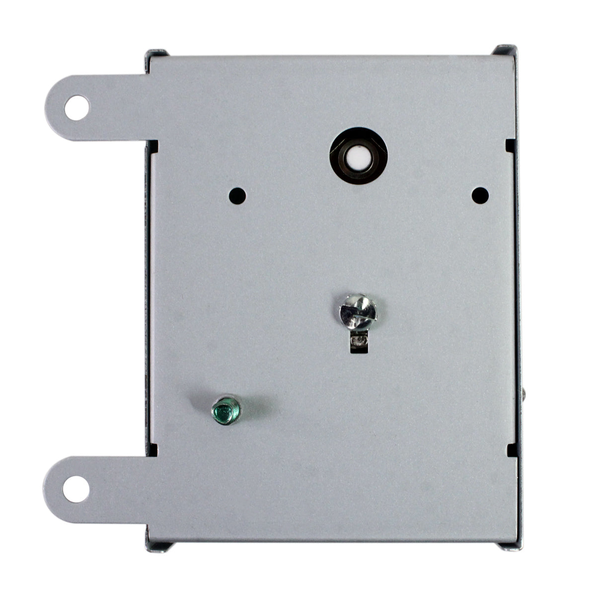 The back of the adjustable thermostat with pre-drilled holes for mounting to a wall or attic rafter.