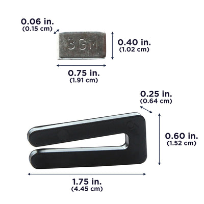 Each balancing weight is 3 grams and is 0.4 in. (1.02 cm) tall and 0.75 in. (1.91 cm) wide. The clip is 0.6 in. (1.52 cm) tall and 1.75 in. (4.45 cm) wide.