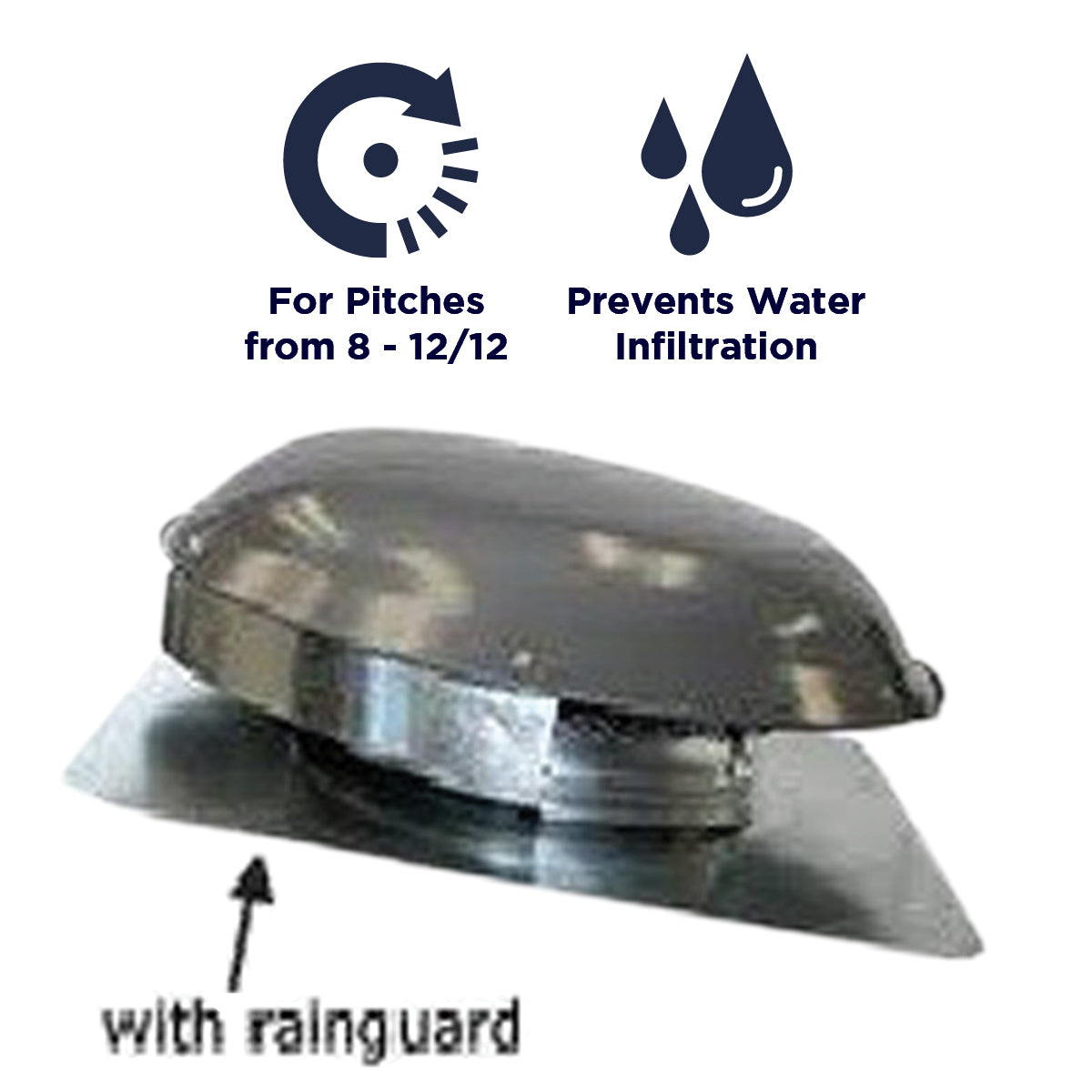 The XXRAINGUARD should be used on power attic vents installed on a roof pitch between 8 - 12/12, and prevents water infiltration.