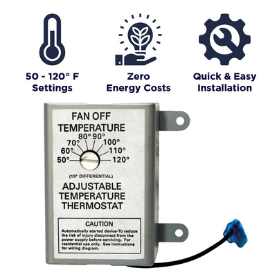The XXSOLARSTAT has settings from 50 - 120 degrees, has zero energy costs, and installs easily with the quick connect clip. 