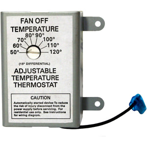 Front of DC thermostat with clearly marked temperature settings from 50 - 120 degrees Fahrenheit. 
