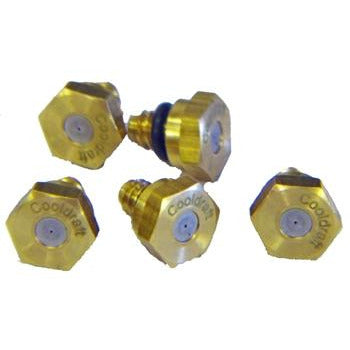 Close-up of 5 brass nozzles included in the pack. 