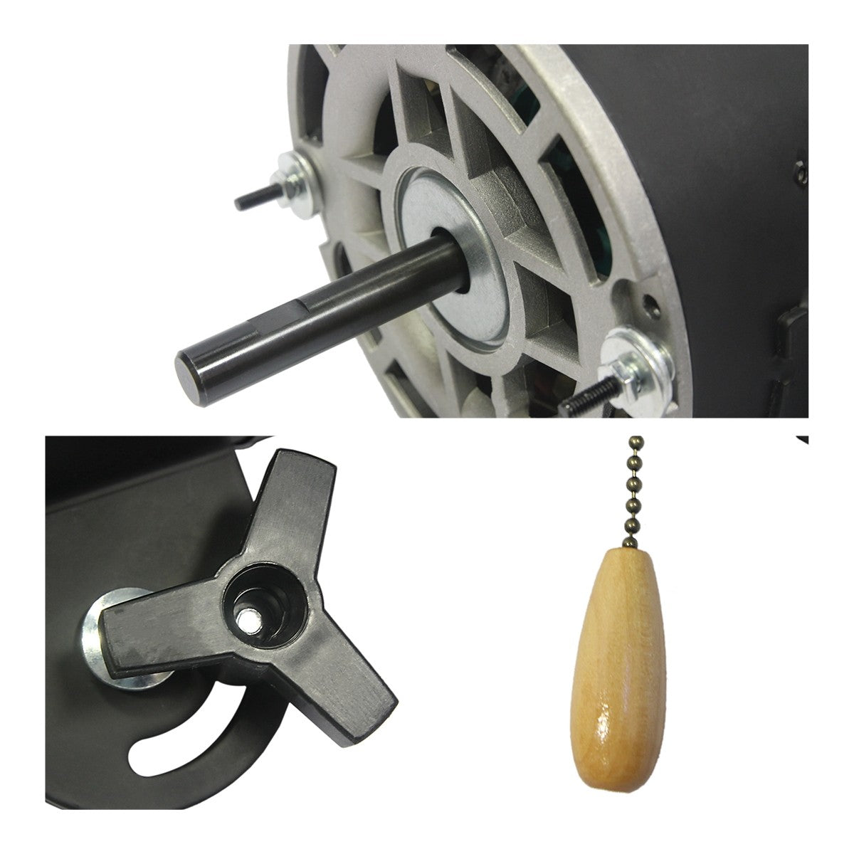 Detailed close-up of motor shaft, tilt adjustment knob, and pull chain.
