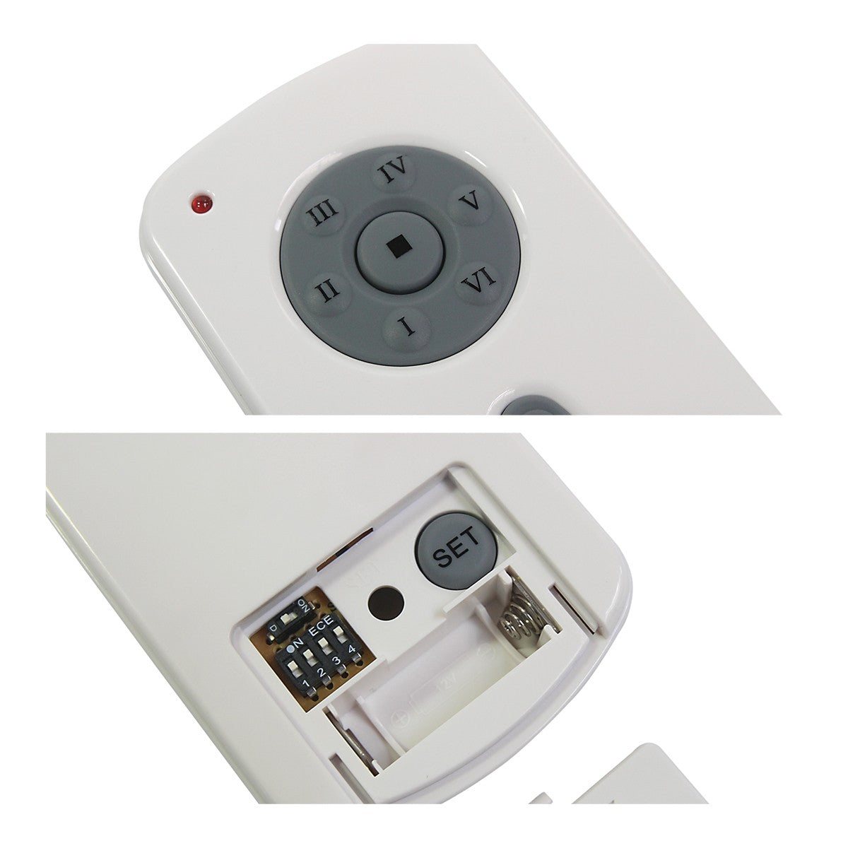 Close-up of speed control pad and battery compartment of remote with DIP switches. 